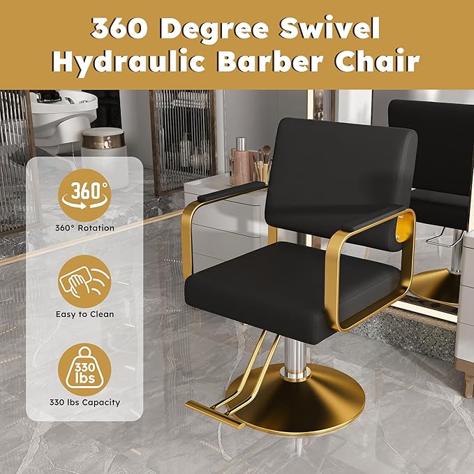 Barber Salon Chair, 360° Rotation Height Adjustable Barber Stylist Hair Chair with Hydraulic Pump, Hairdressing Chair for Barbershop & Beauty Spa(Black+Gold)