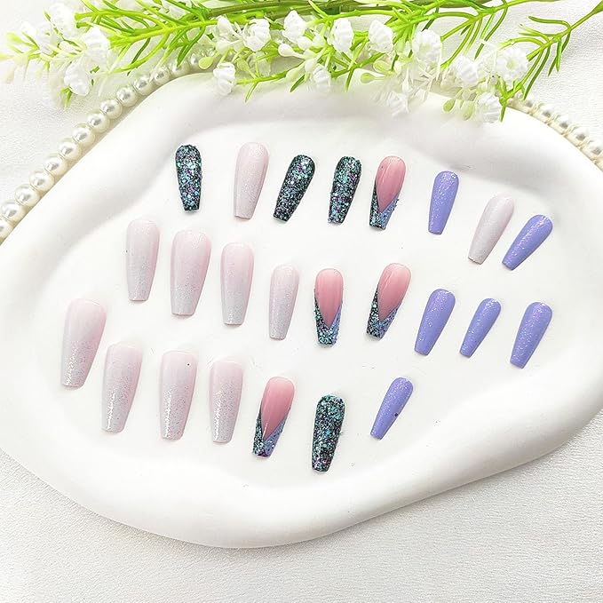 Coffin Press on Nails Long Fake Nails with Glitter Sequins Designs French Tip Glue on Nails White Dark Green Acrylic Nails Press ons Glossy False Nails Extre Long Coffin Nails for Girls Women 24Pcs