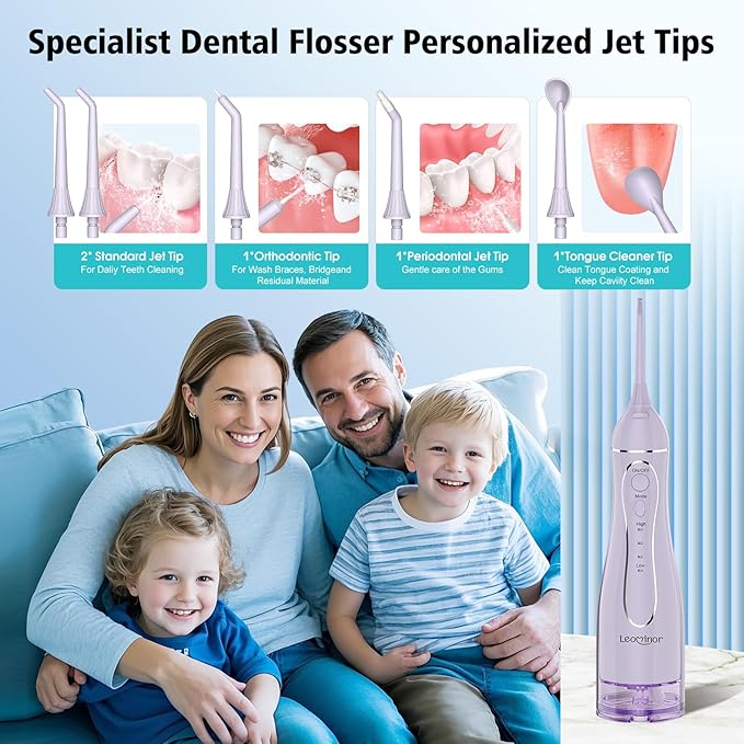 Leominor Water Dental Flosser Pick for Teeth, 300ML Portable Oral Irrigator Upgraded Tank Removable,IPX7 Waterproof, Rechargeable Travel Teeth Cleaner, Professional Electric Flossing Machine(T-Purple)