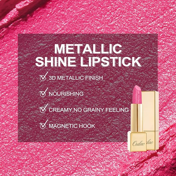 Oulac Hot Pink Lipstick for Women with Metallic 3D Shine Lightweight Hydrating Formula, High Impact Lip Color, Vegan Beauty, Full Coverage Lip Makeup, Christmas Gifts for Women, Sweet Lolita(17)