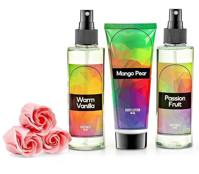 Fine Fragrance Body Mist & Body Splash Gift Set – Luxury Self-Care Combo for Women and Girls (Passion Fruit, Warm Vanilla, Mango Pear, Rose Soap) Mother’s Day Gift for Mom