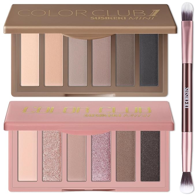 2PCS 6 Colors Mini Naked Eyeshadow Palette Makeup with Brush Set Neutral Nude Eye Shadow Pink & Brown Matte Shimmer Make Up Pallet with Mirror Highly Pigmented Travel Size Gift Kit