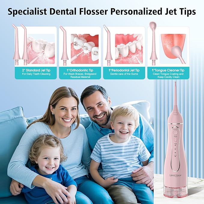 Leominor Water Flosser Pick for Teeth, 300ML Portable Oral Irrigator Upgraded Tank Removable,IPX7 Waterproof, Rechargeable Travel Teeth Cleaner, Professional Electric Flossing Machine (Pink)