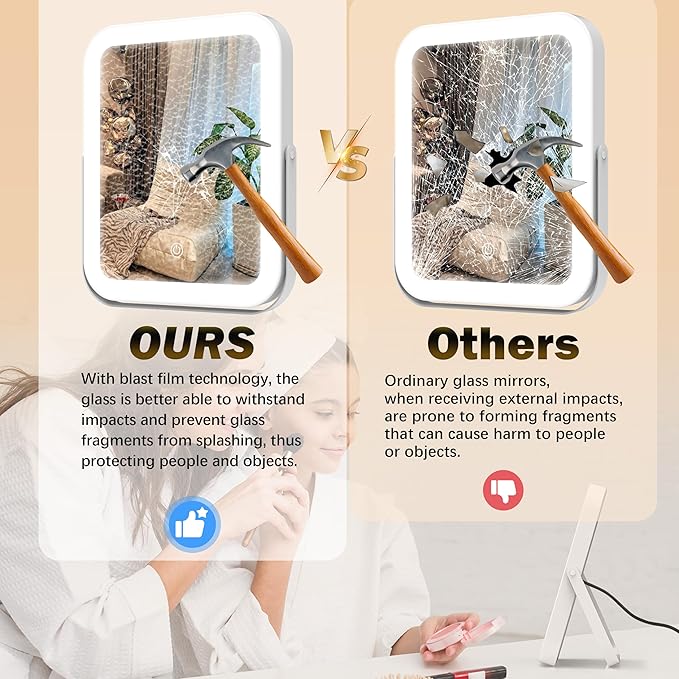 10"x8" Portable Lighted Makeup Mirror with 3-Color Dimmable LED, Touch Screen Vanity Mirror for Travel or Bedroom Desk (White)