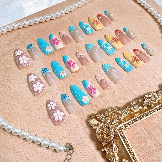 30pcs Flower Press on Nails Medium Almond Fake Nails with 3D Summer Flowers Shell Pearl Designs Blue French Tip False Nails Floral Acrylic Nail Tips Full Cover Stick on Nails for Women