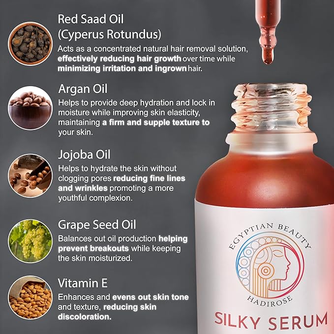 Silky Serum by Hadirose | Pure Red Saad Oil (Egyptian Cyperus Rotundus) Concentrated | Organic All Natural Hair Removal Serum | Scented (Rose, Jasmine & Lavender) | Made in the USA.