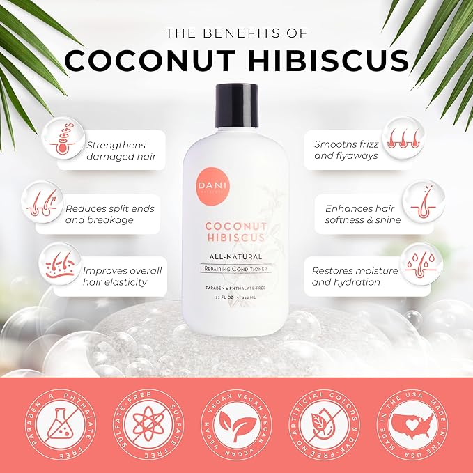 DANI Naturals Conditioner – Coconut Hibiscus, Strengthening & Hydrating for Dry or Damaged Hair, Lightweight & Nourishing, Vegan & Color-Safe, 12 oz