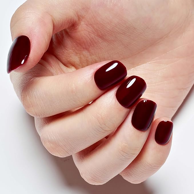 GLAMERMAID Extra Short Press on Nails 24PCS, Handmade Gothic Burgundy red Jelly Fall Gel Glue on Nails, Glossy Round Reusable UV Finish Fake Nails Acrylic False Nails Manicure Kits for Women