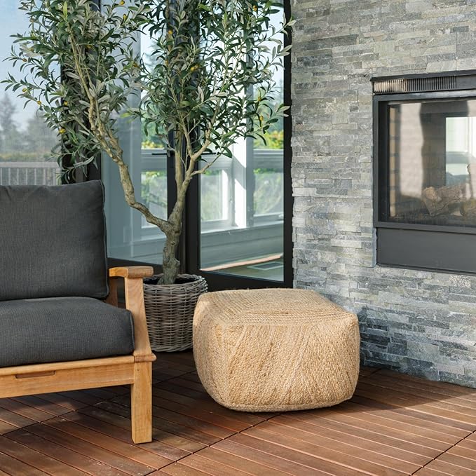 CG Hunter, Pouf Ottoman, Square Braided Natural Jute Ottoman Pouf for Living Room or Bedroom, Floor Chair, Foot Rest or Decorative Home Decor