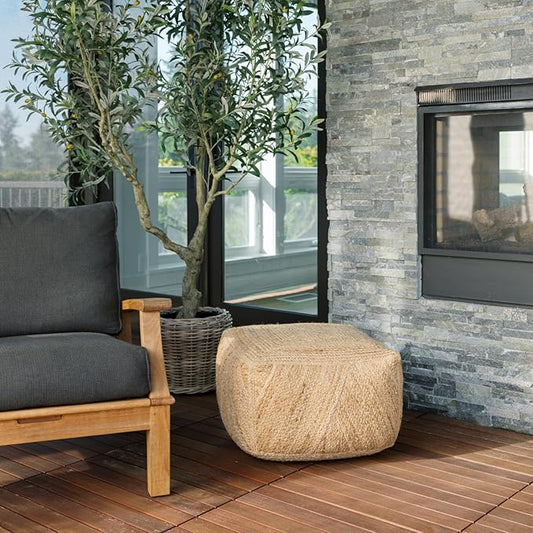 CG Hunter, Pouf Ottoman, Square Braided Natural Jute Ottoman Pouf for Living Room or Bedroom, Floor Chair, Foot Rest or Decorative Home Decor