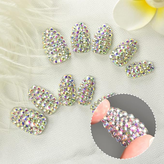Handmade 24pcs Full 3D Rhinestone Press on False Nails Medium length Coffin Fake Nails Salon DIY Manicure Reusable Acrylic Shiny Crystal Nail Art Tips Gift for Women Girls