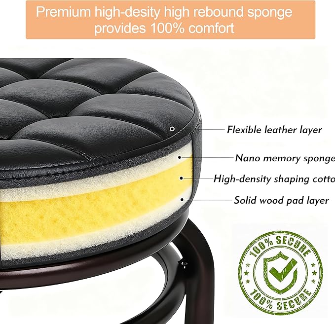 Urknall Round Rolling Stool on Wheels PU Leather - 400lb Capacity with Quiet Wheels, Ultra-Comfort Seat Stool with Wheels, 360° Swive Adjustable Height, for Salon Tattoo Work Home SPA Shop Use