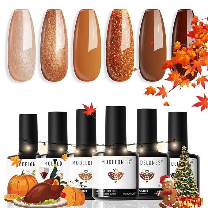 modelones Gel Nail Polish Set, 6 Colors 2025 Fall Winter Thanksgiving Nude Brown Gel Polish Glitter Pearl Cinnamon Tawny Orange Cherry Mocha Nail Polish All Skin Tones Soak OFF LED Nail Art DIY Gift