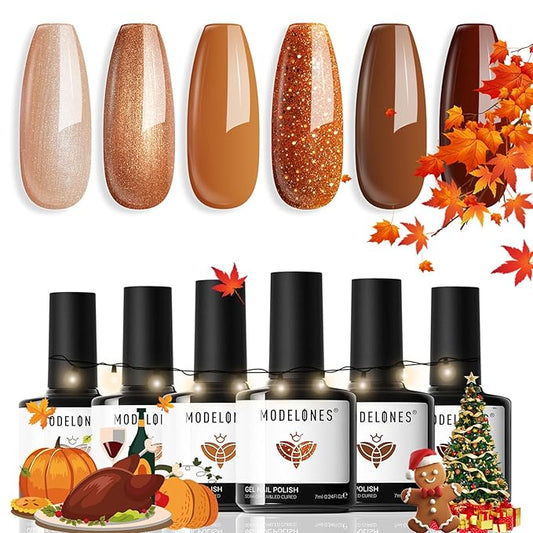 modelones Gel Nail Polish Set, 6 Colors 2025 Fall Winter Thanksgiving Nude Brown Gel Polish Glitter Pearl Cinnamon Tawny Orange Cherry Mocha Nail Polish All Skin Tones Soak OFF LED Nail Art DIY Gift