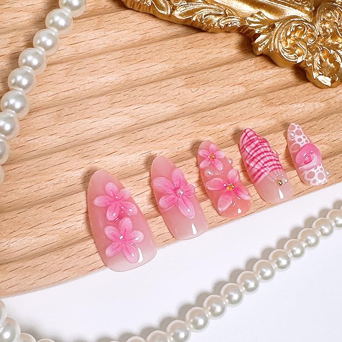 30Pcs Pink Press on Nails Medium Almond Summer French Tip Fake Nails with 3D Conch Starfish Designs Cute Flower Acrylic Nail Ocean Style False Nail Pearl Gold Beads Rhinestone Glue on Nails for Women