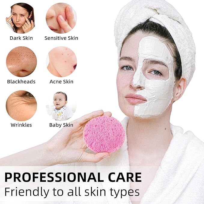 50-Count Compressed Facial Sponges|Kickleen 100% Natural Cellulose Cosmetic Spa Sponges for Daily Facial Cleansing|Makeup and Mask Removal|Exfoliating|Skin Massage|Pore Exfoliation (50 Count (Pink))