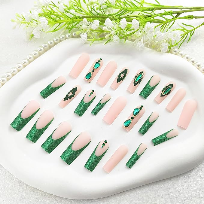 Long Press on Nails Square Green French Tip Nails Press ons with Glitter Rhinestones Flower Design Pearl Fake Nails Extre Long Acrylic False Nails Glossy Glue on Nails for Girls 24Pcs