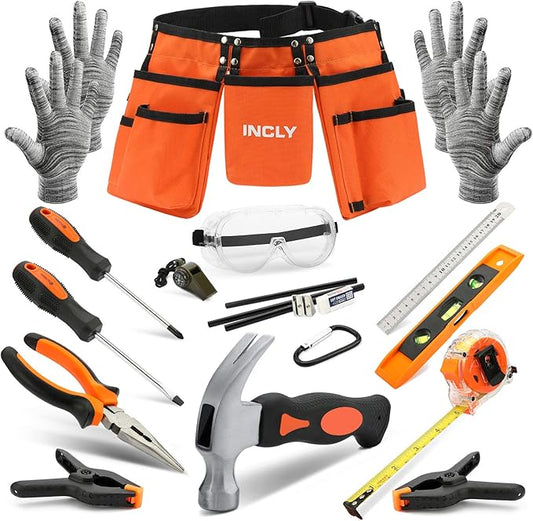 INCLY 18PCS Real Tool Set with Reinforced Belt, Adjustable Waist 20"-32", Real Hand Tools Kit Construction Learning Tools Hammer Screwdriver for Home DIY Building & Woodworking