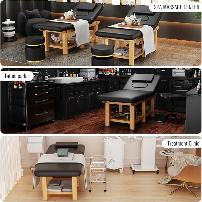 Wooden Professional Massage Table, Adjustable Backrest Heavy-Duty Stationary Massage Bed for Physical Therapy, Salon Facial Spa Bed, 4.4'' Thick PU Leather, 1000LBS, 31.5'' W × 75'' L