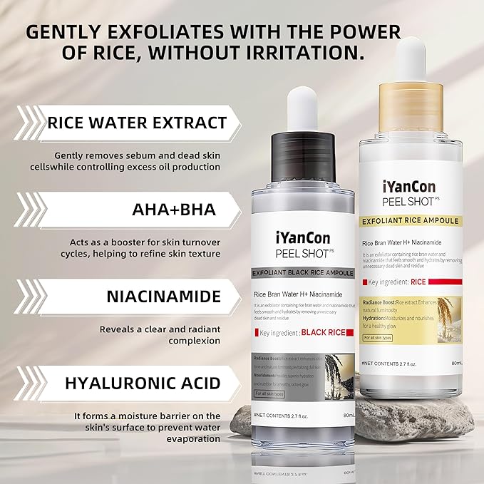 Rice Ampoule Peel Shot Glow (2 PCS) - White & Black Rice Gentle Exfoliating Serum for Radiant, Smooth Skin, 80ml