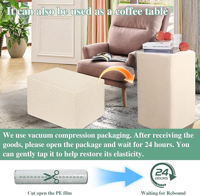 Rectangular Stuffed Pouf Ottoman with Foam Chunk Filling, Coral Fleece and Furry Fabric Design, Multi-Functional Floor Pouf for Living Room, Beige