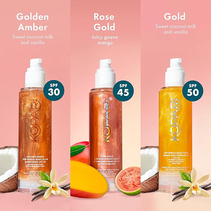 Kopari Sun Shield Body Glow, Broad Spectrum SPF 45, Lightweight Shimmering Gel Texture Absorbs Quickly, Non Sticky, Glowing Results, Rose Gold 5 oz