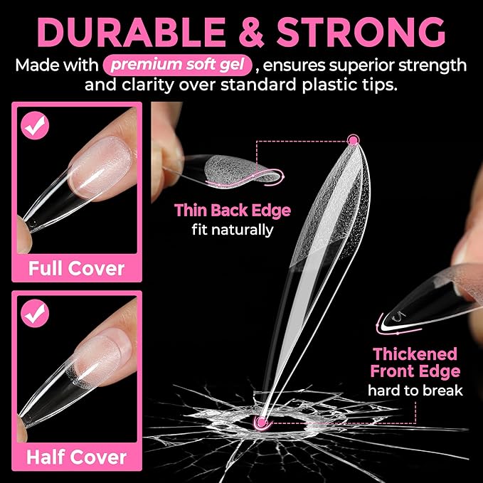 UNA GELLA Long Stiletto Gel Nail Tips: 216pcs Halloween Stiletto Almond Fake Nails Pre-Shape Long Almond Press Ons for Full Cover Acrylic French False Nails for Nail Extension DIY Salon 12 Sizes