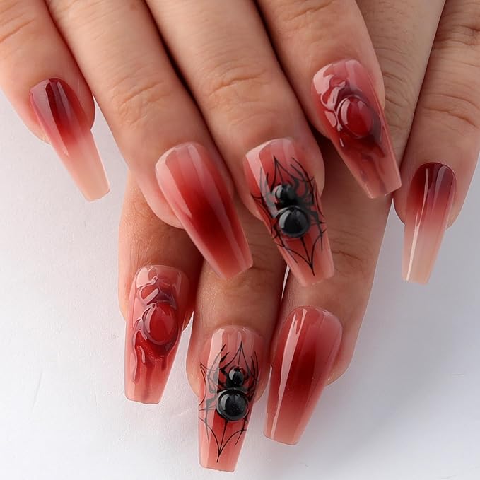 Halloween Coffin Press On Nails Medium Long, Blood Red Ombre Fake Nails with 3D Spider Embellishments, Blood Drip Effect & Haunted Castle Patterns Reusable fall Glue on Nails Kit for Women