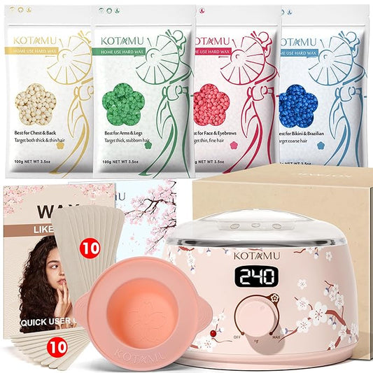 KOTAMU Waxing Kit for Women & Men, Wax Warmer for Hair Removal, Digital Wax Kit with Silicone Pot，Ideal for Face Eyebrow Arm Legs Armpit &Sensitive Skin, Cherry Waxing Machine for Home Salon Use
