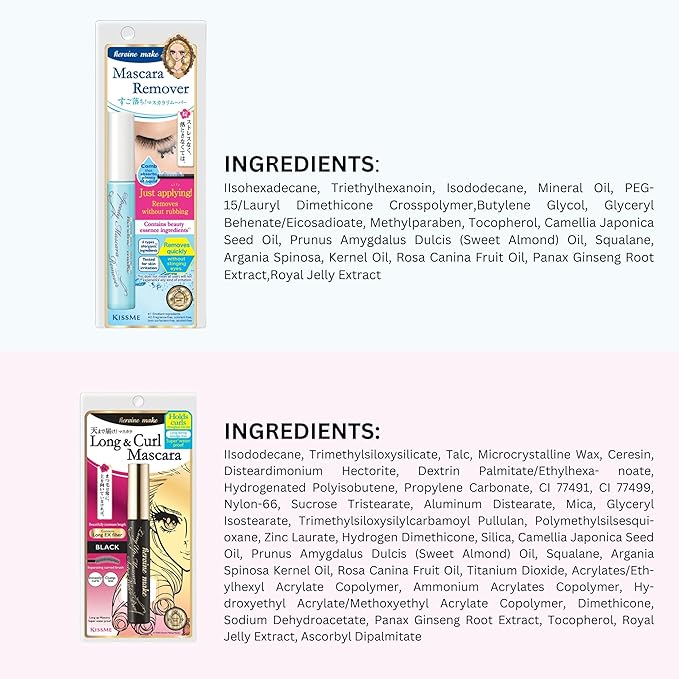 HEROINE MAKE by KISSME Mascara Duo Set | 2 Full-Size - Long & Curl Up Waterproof Mascara Black, Lengthening & Volume Fiber Tubing Mascara + Gentle Eye Makeup Remover for Waterproof Mascara