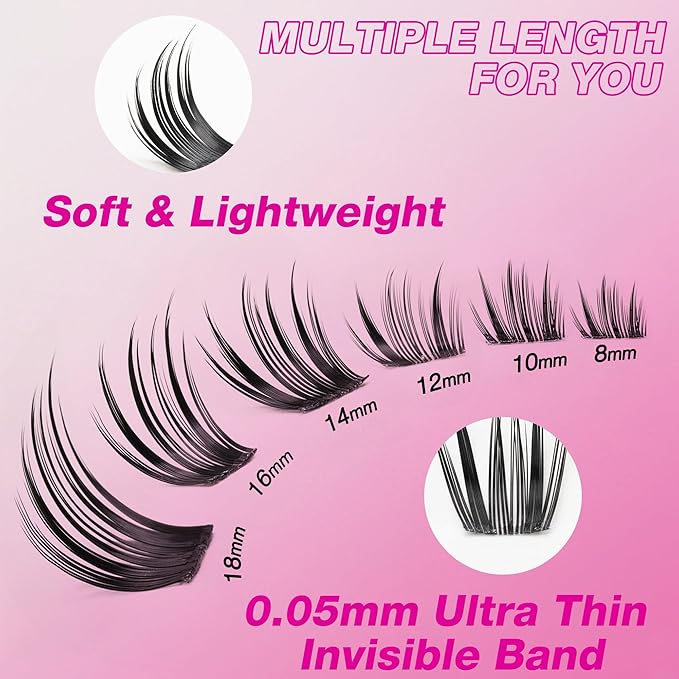 VEYESBEAUTY Lash Clusters Individual Eyelash Extensions Thin & Invisible Band DIY False Eyelashes for Self-application Newbie's Five-Second Series Wispy Lash Tray, Crown 8-16mm Mixed Length