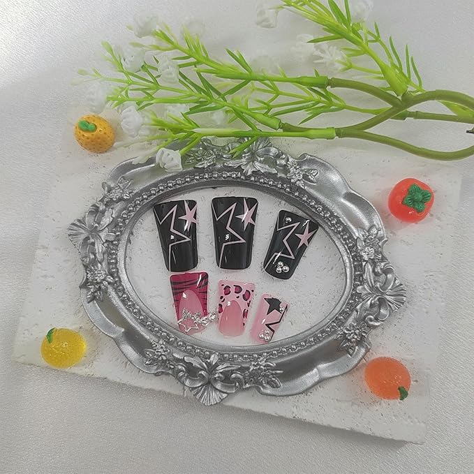 Duck Press on Nails Medium Fake Nails with Star Leopard Print Pearl Designs French Tip Nails Press ons Black Acrylic Nails for Women 24Pcs