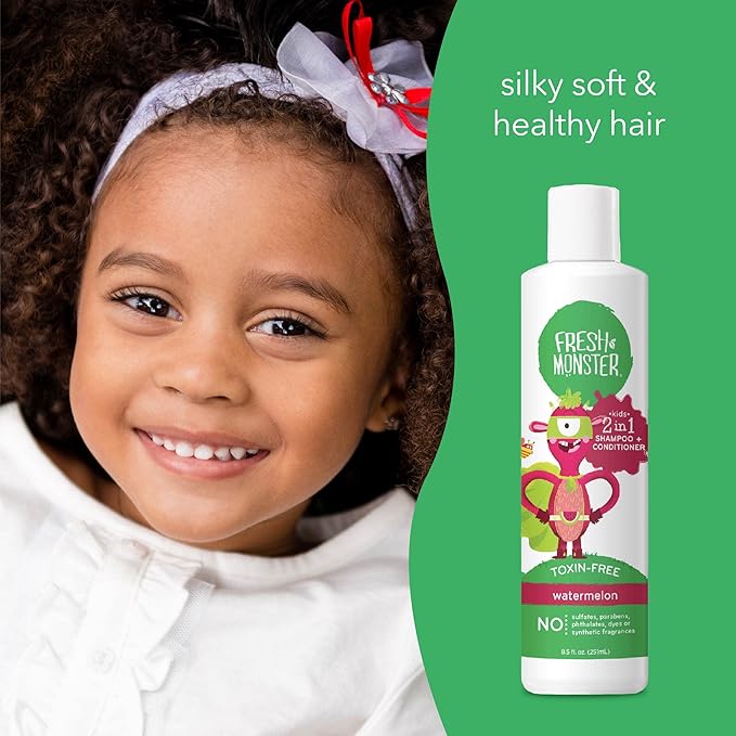 Fresh Monster 2-in-1 Kids Shampoo & Conditioner, Toxin-Free, Hypoallergenic, Tear-free Shampoo & Conditioner for Kids, Watermelon (8.5oz)
