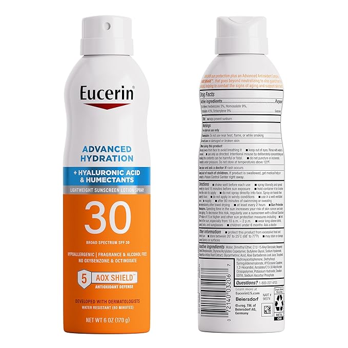 Eucerin Advanced Hydration SPF 30 Sunscreen Spray, Lightweight Spray Sunscreen with Hyaluronic Acid and Humectants, Hypoallergenic, Fragrance and Alcohol Free, 6 Oz Bottle