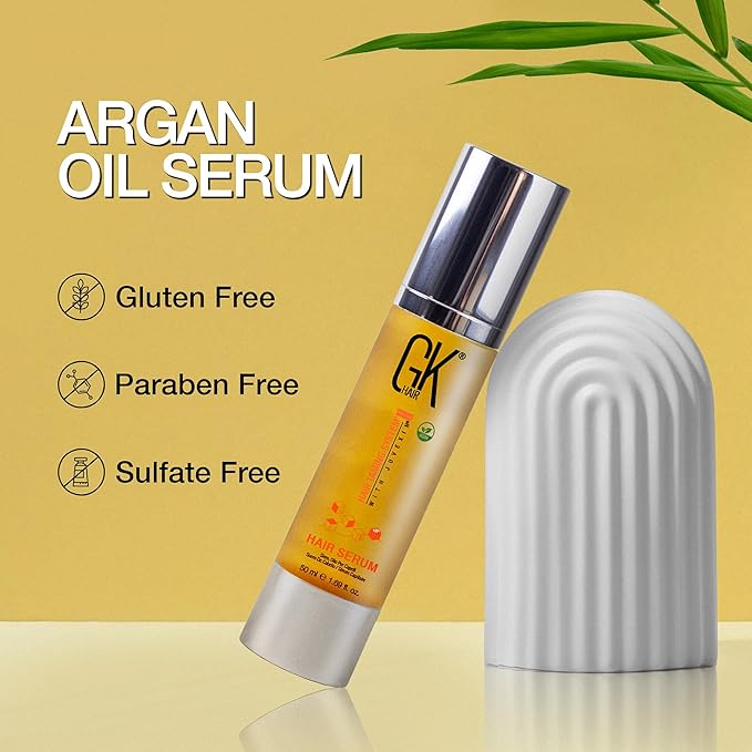 GK HAIR Oil - Argan Oil Heat Protectant Serum -Lightweight Hair Serum -Perfect For Keratin,Frizzy, Curly, Dry & Damaged ends-Adds Shine and Smooths,Paraben, Phthalate and Sulfate Free (1.69 oz)