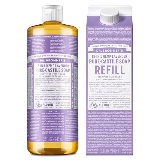 Dr. Bronner's Pure-Castile Liquid Soap Bottle & Refill Carton - Made with Regenerative Organic Certified Oils, 82% Less Plastic-18-in-1 Uses for Face, Body Wash, Hand Soap Refill- Lavender,32oz