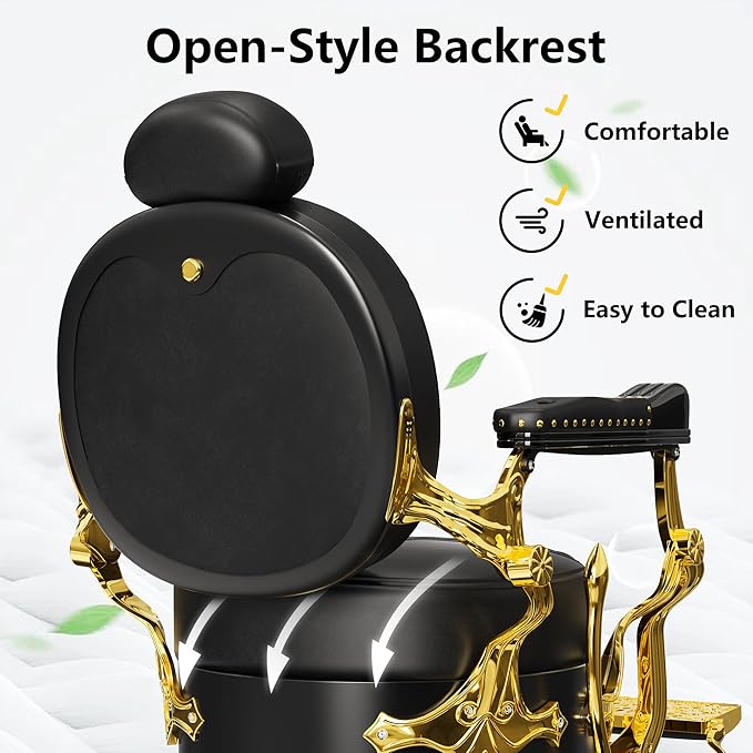 Baasha Elegant Black & Gold Barber Chair, Reclining Salon Chair with Plush Cushion & Adjustable Headrest, Heavy-Duty Structure for Tattoo & Hair Studios, 550 lbs