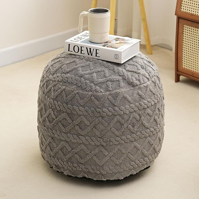 Round Stuffed Pouf Ottoman for Foot Rest, Faux Fur Poufs with Foam Chunk Filling, Storage Ottoman Pouf Foot Stool Cushion, 20 X 15 InchFloor Poufs Foot Rest for Living Room Bedroom Home Decor (Grey)