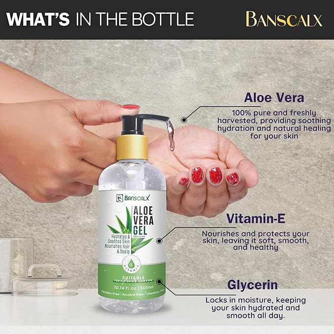 100% Pure Natural Aloe Vera Gel for Moisturizing Face Skin & Hair – Soothing After Sun Exposure, Dry & Sensitive Skin, Non-Sticky (10.14 oz)