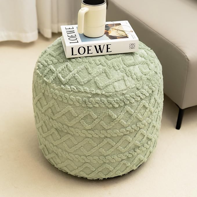 Round Stuffed Pouf Ottoman for Foot Rest, Faux Fur Poufs with Foam Chunk Filling, Storage Ottoman Pouf Foot Stool Cushion, 20 X 15 InchFloor Poufs Foot Rest for Living Room Bedroom Home Decor (Green)