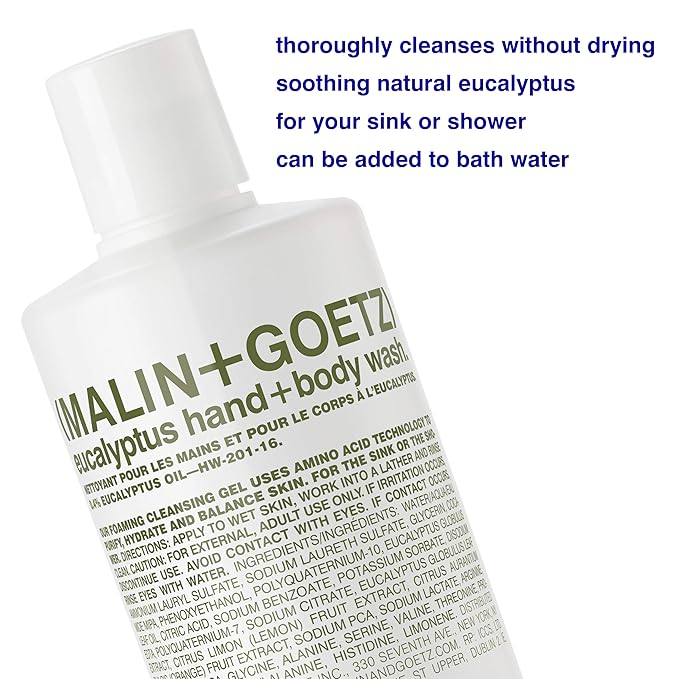 Malin + Goetz Eucalyptus Hand + Body Wash natural cleansing, purifying, hydrating hand & body wash. all skin types, dry, irritated, sensitive. No stripping/irritation. Cruelty-free & vegan 16 Fl oz