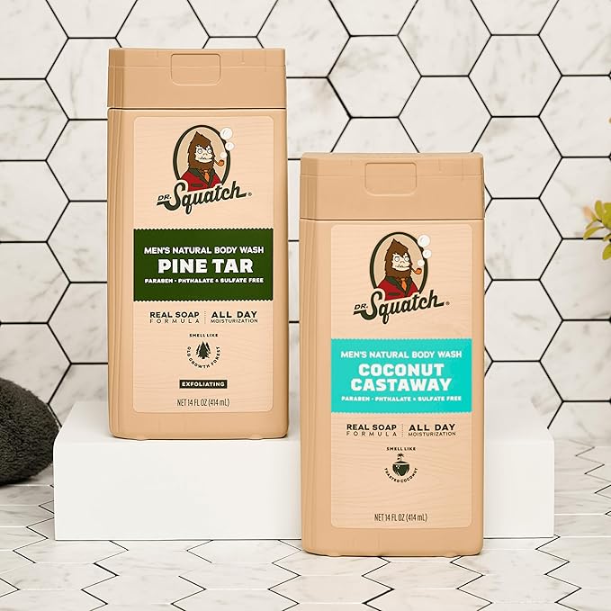 Dr. Squatch NEW Body Wash for Men with Nourishing, Natural Ingredients | No Paraben, Phthalate, Sulfate | All Day Moisture | Long Lasting Scent | Pine Tar & Coconut Castaway (14 oz, 2-Pack)