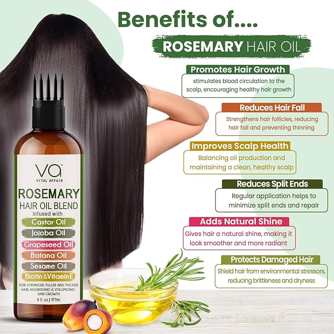 VITAL AFFAIR Blend Of Pure Rosemary Oil For Hair Growth With Castor, Batana, Jojoba Oil-Infused With Biotin & Vitamin E-Blend of Effective Hair Oils for Hair Growth-Strengthening Treatment 6 Fl Oz
