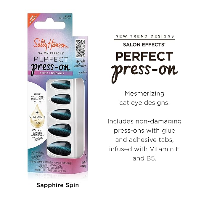 Sally Hansen Salon Effects Perfect Press-On Nails | Almond Shape | Easy to Apply, Non-Damaging | 30 Nails, Nail Glue, Adhesive Tabs, File | Sapphire Spin