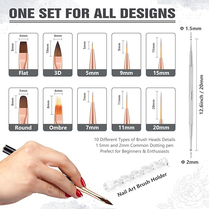 Nail Art Bushes Set, Professional 5Pcs Double-Ended Nail Brush Kit for Details, Long Lines, Ombre & 3D Design-Perfect for DIY Manicures & Salons (Black)