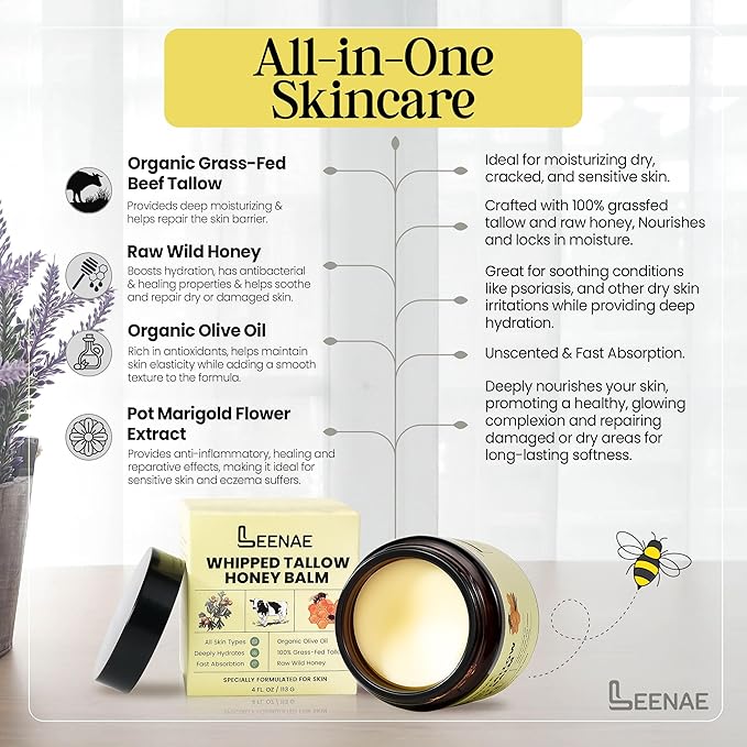 Whipped Beef Tallow Honey Balm | Grass Fed Tallow Face Moisturizer | Natural Unscented Beef Tallow for Skin with Olive Oil (4 Oz)