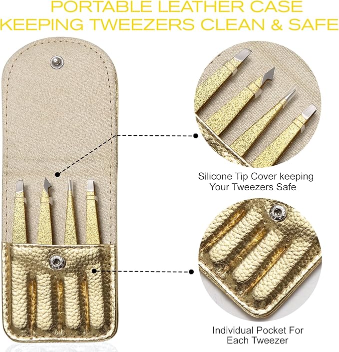 4-Pcs Glitter Stainless Steel Precision Tweezer Set for Eyebrows, Ingrown Hair & Lash Extensions (Gold)