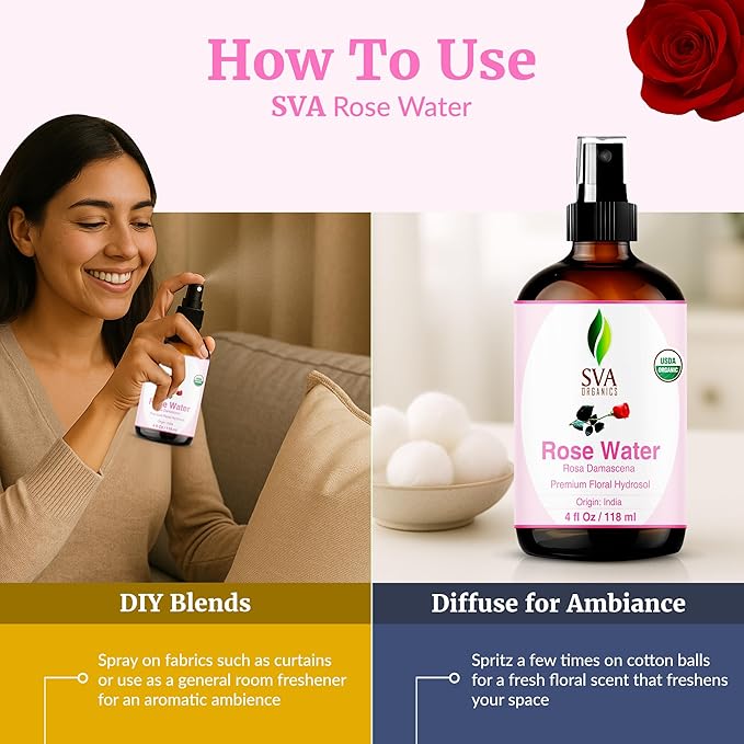 SVA ORGANICS Rose Water 4oz (118 ml) Refreshing Rose Water Spray for Skin Care, Skin Hydration, Bath, Soaps, Haircare & Aromatherapy