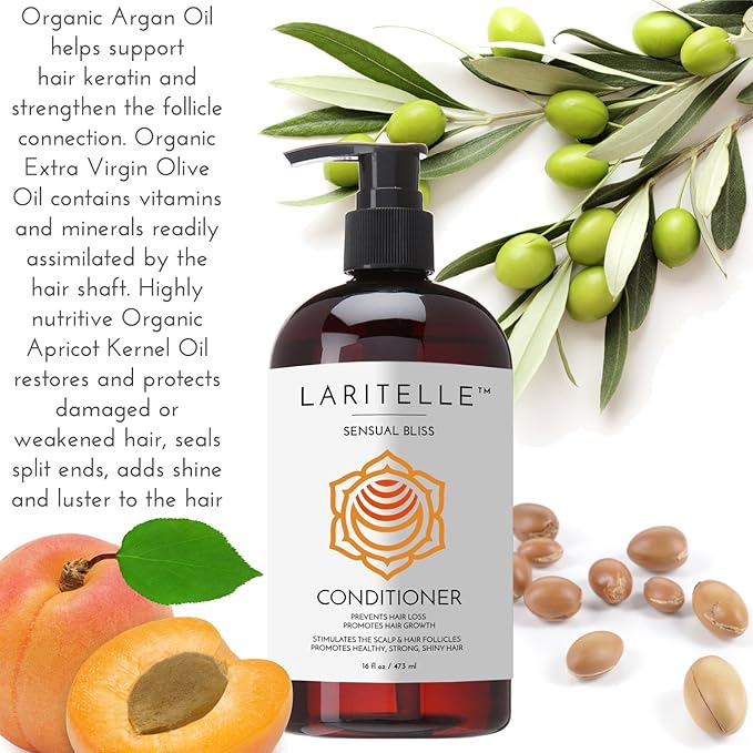 Laritelle Organic Conditioner Sensual Bliss – 16 oz – Deep Hydration & Anti‑Thinning, Organic Argan • Babassu • Apricot Kernel Oils & Keratin Protein – Color‑Safe, Cruelty‑Free