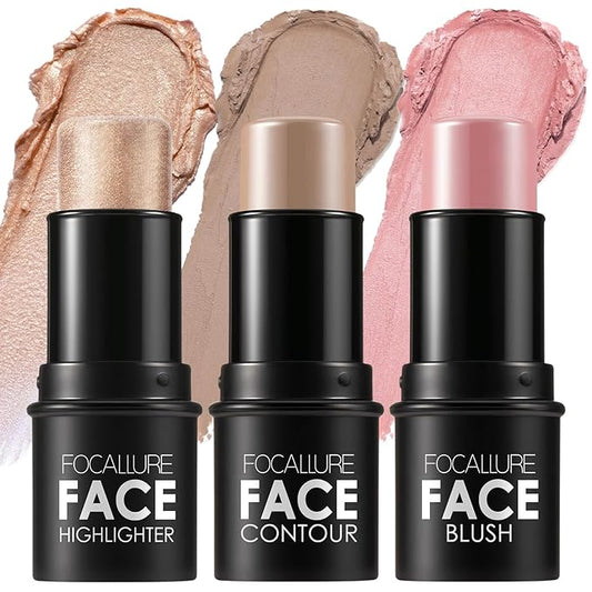 FOCALLURE 3PCS Cream Contour Stick - Highlighter Bronzer Blush Set for Face Sculpting, Non-Greasy Longwear Makeup, Easy to Blend with Natural Matte Finish,SET 3